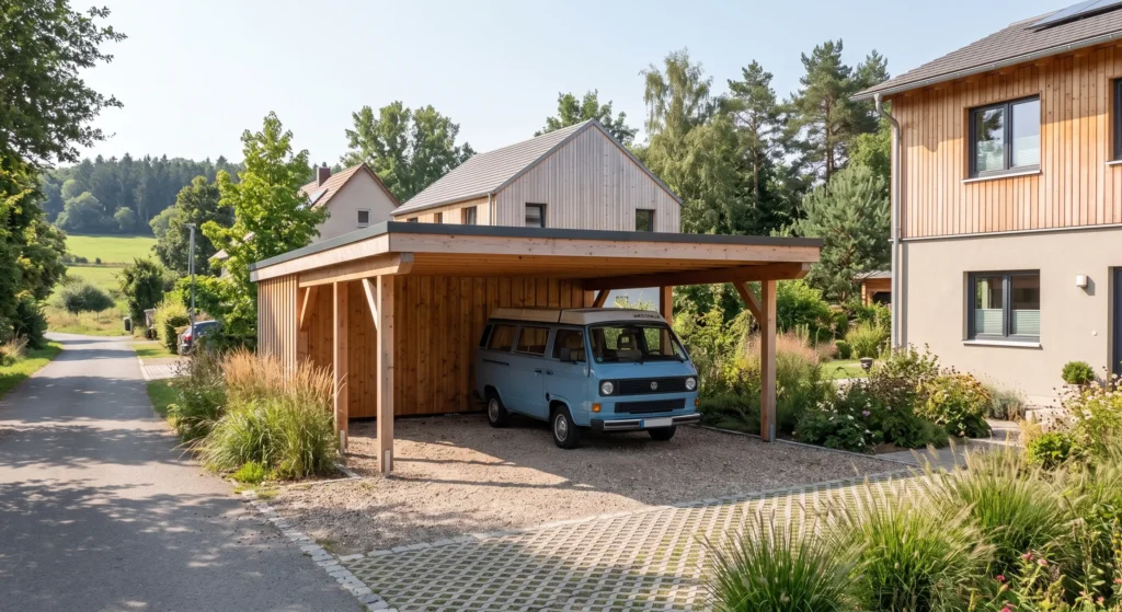 Holzcarport mit flacher, neu abgedichteter Dachfläche.