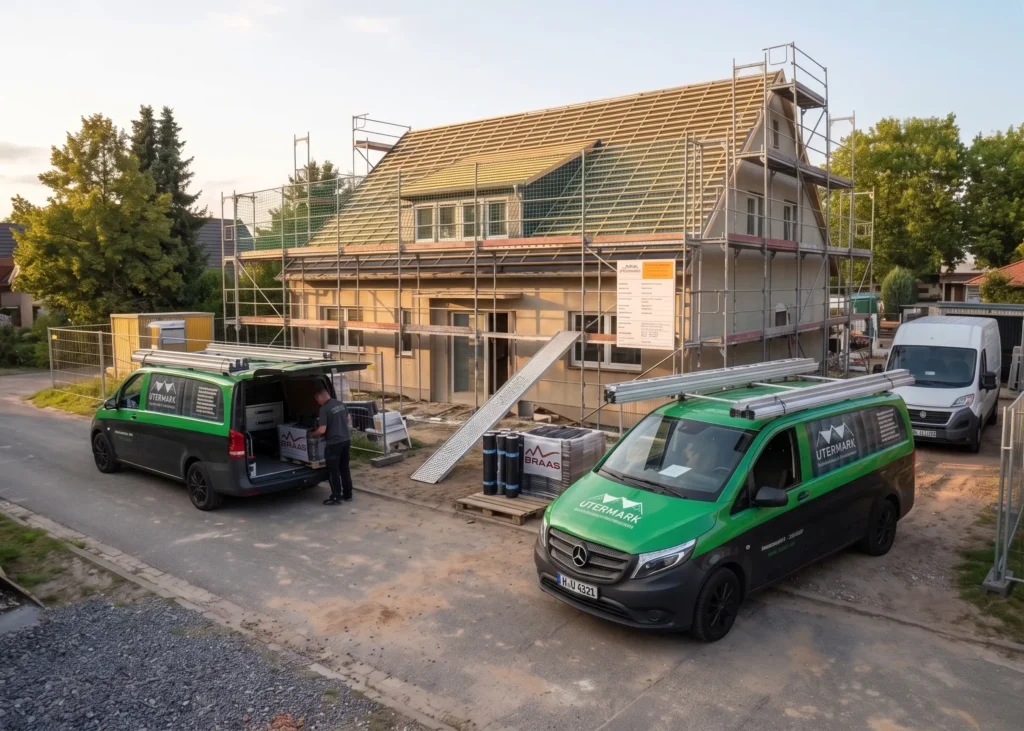 Dachdecker von UTERMARK Bedachungen bei der Arbeit auf einer Baustelle in Hannover