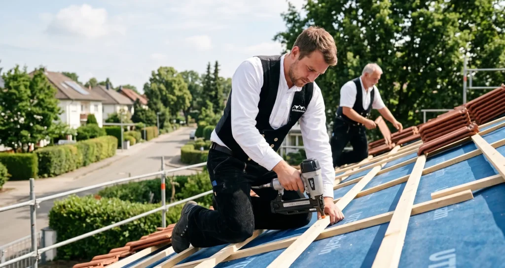 Dachdecker von UTERMARK Bedachungen bei der gemeinsamen Arbeit auf einem Steildach