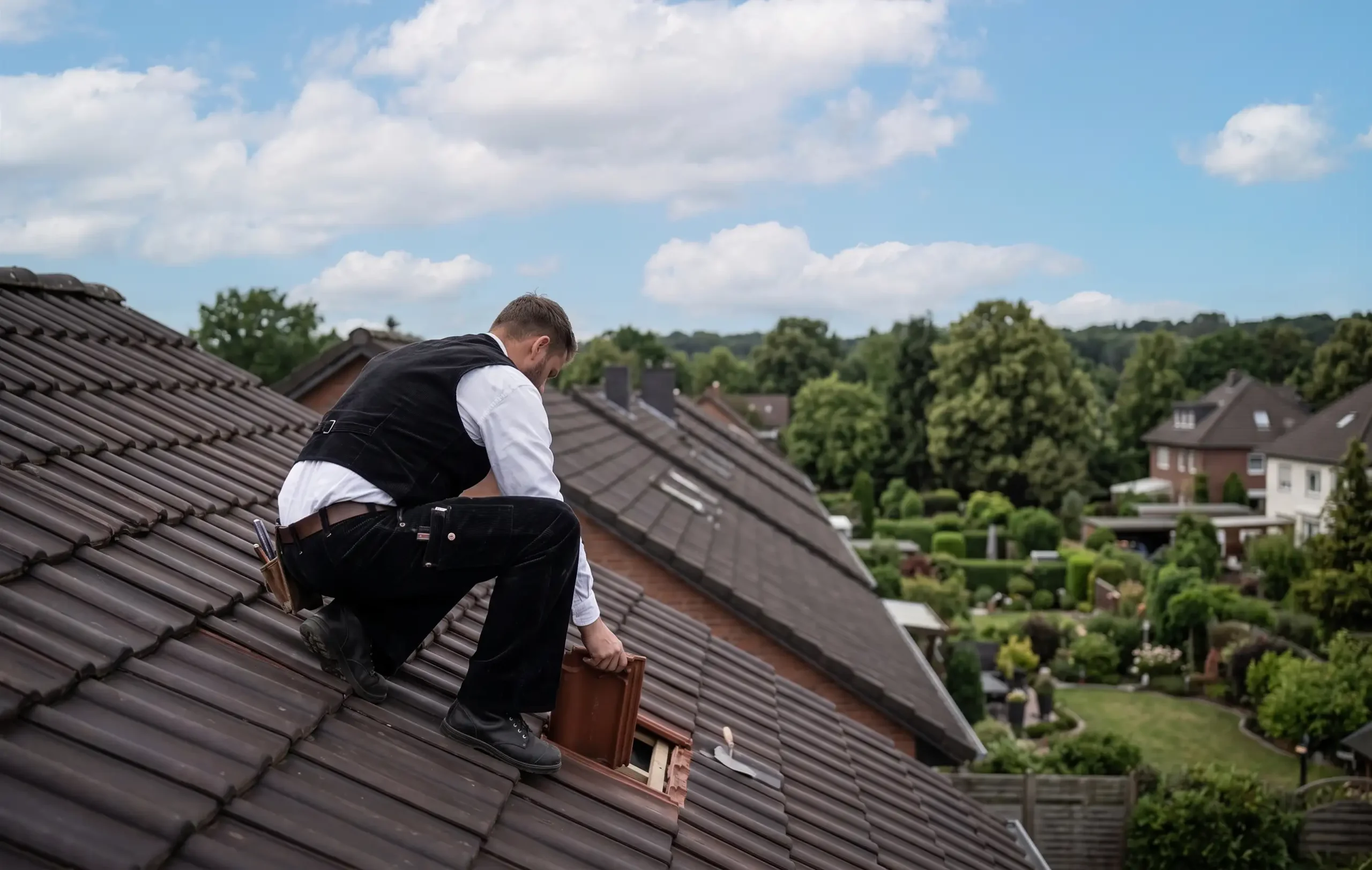 Dachdecker bei einer punktuellen Dachreparatur in der Region Hannover