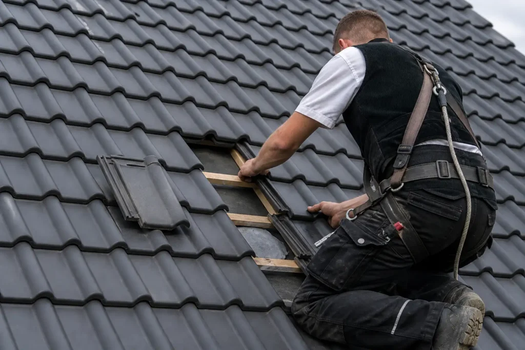 Dachdecker repariert eine begrenzte Schadstelle an einem ansonsten intakten Steildach