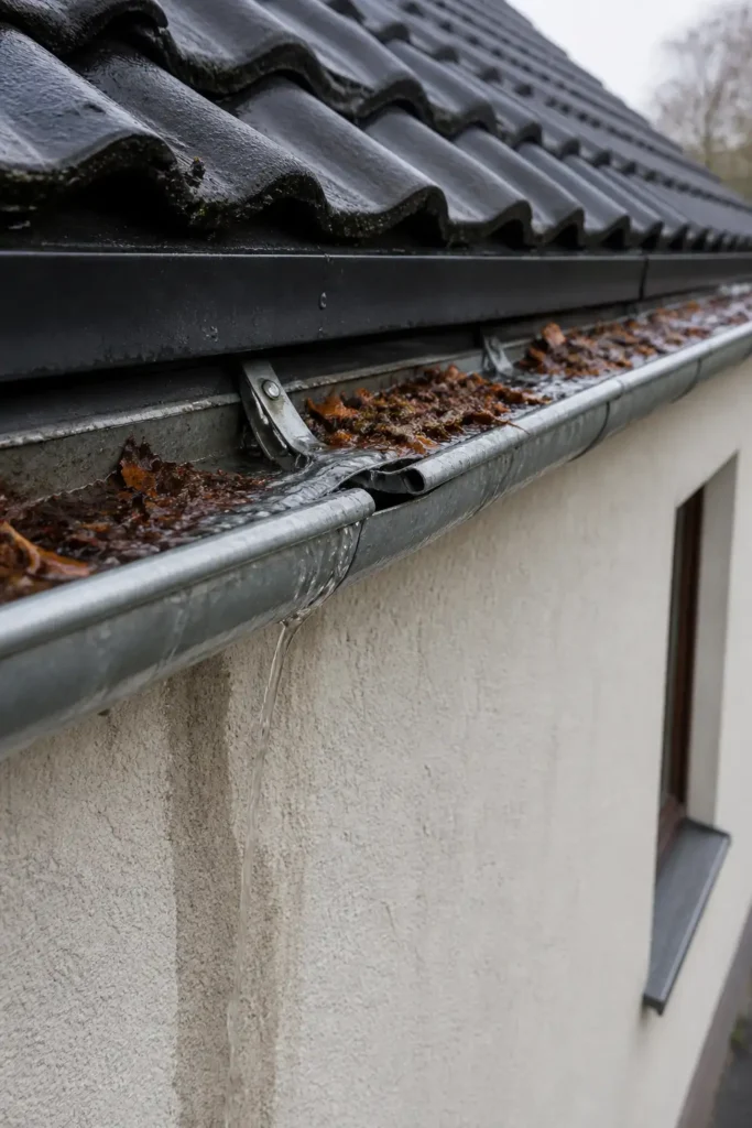 Verstopfte und gelöste Dachrinne, aus der Regenwasser an der Fassade herunterläuft