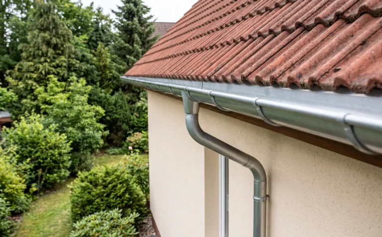 Neue Zinkdachrinne mit Fallrohranschluss an einem Wohnhaus in der Region Hannover