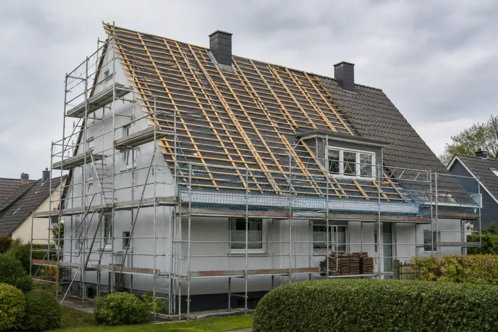 Eingerüstetes Wohnhaus mit geöffnetem Dach während einer umfassenden Dachsanierung