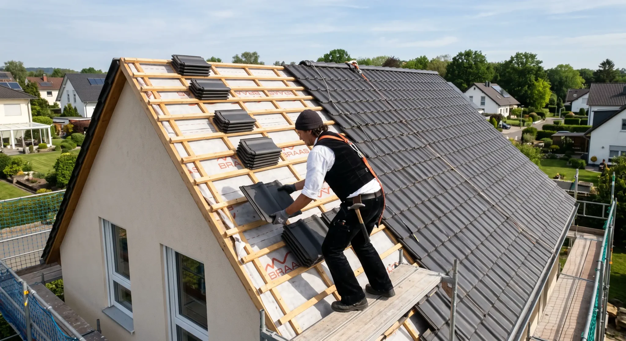 Dachdecker von UTERMARK Bedachungen bei einer Dachsanierung an einem Steildach in der Region Hannover