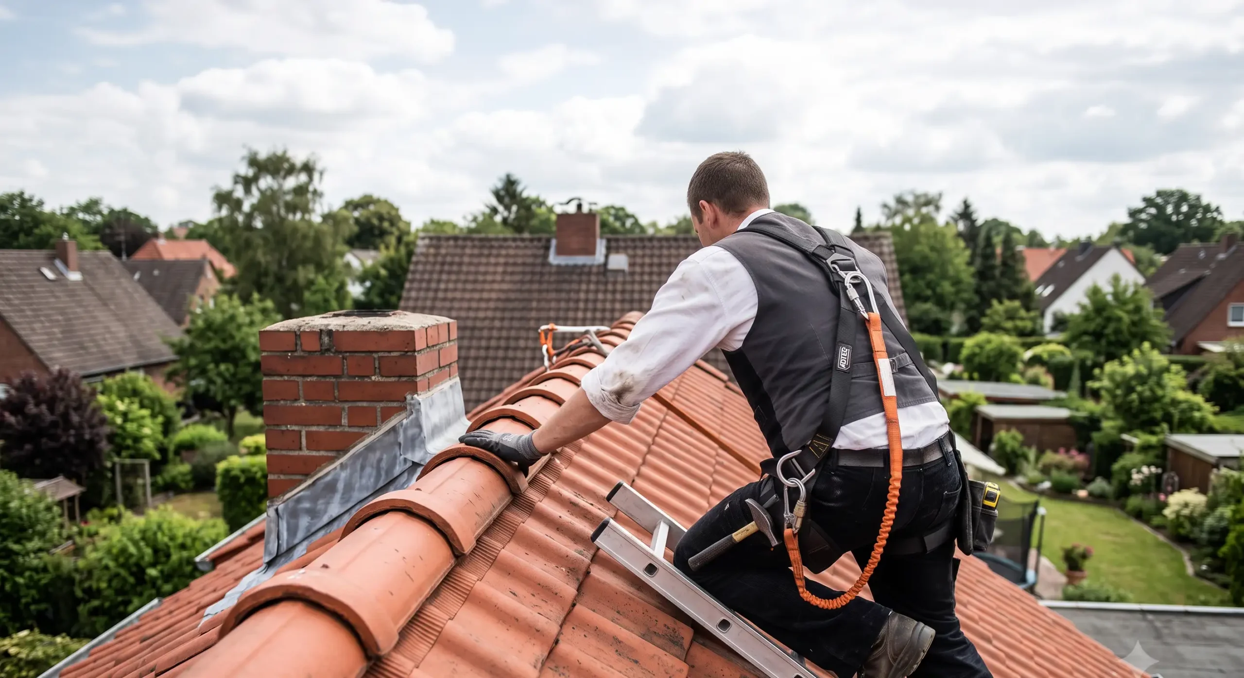 Dachdecker kontrolliert Dachziegel und Anschlüsse bei einer regelmäßigen Dachwartung