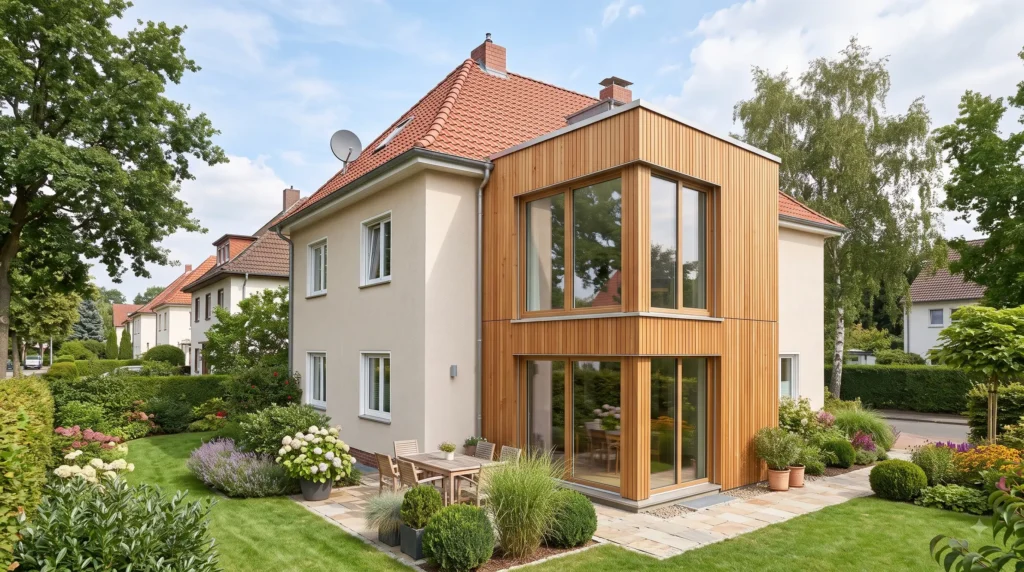 Moderner Erker oder Anbau mit hinterlüfteter Holzverkleidung und sauberen Anschlüssen