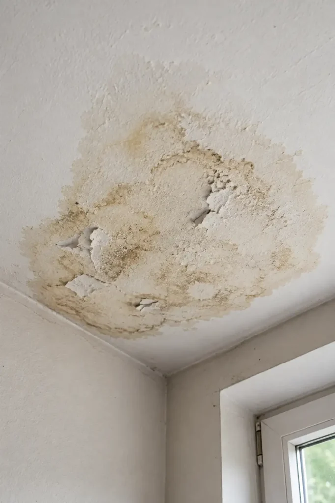 Feuchtefleck an einer Zimmerdecke unter einem undichten Flachdach
