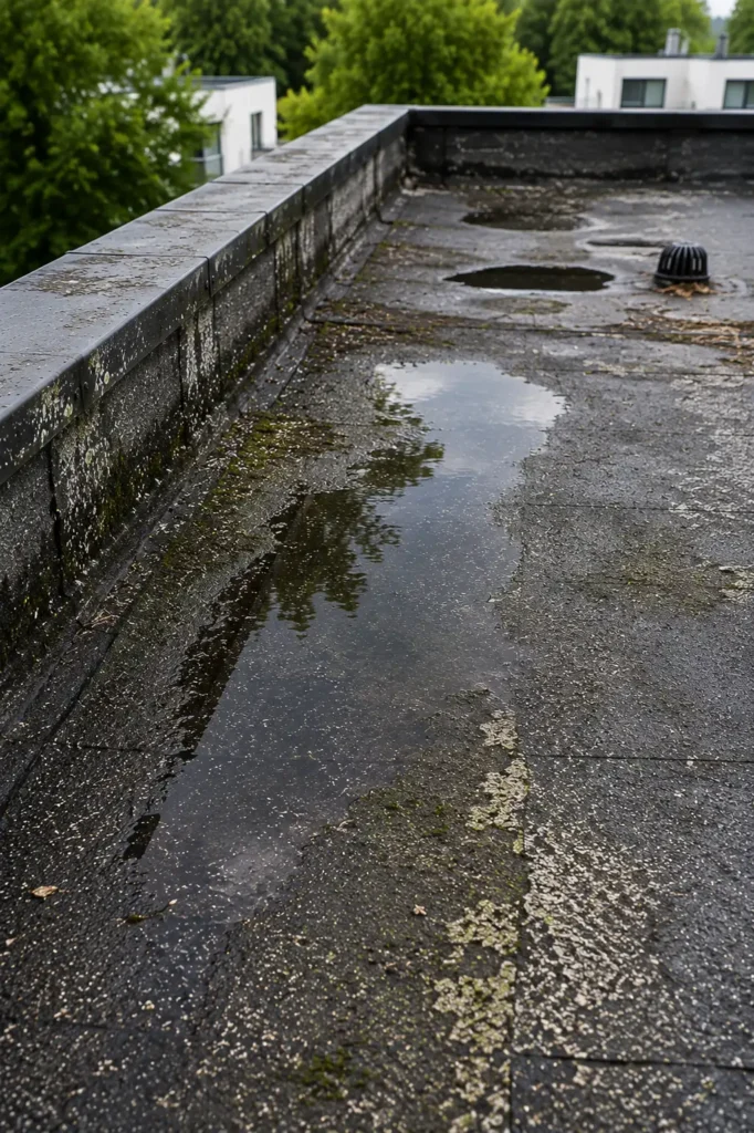 Stehendes Regenwasser und Pfützen auf einer Flachdachfläche