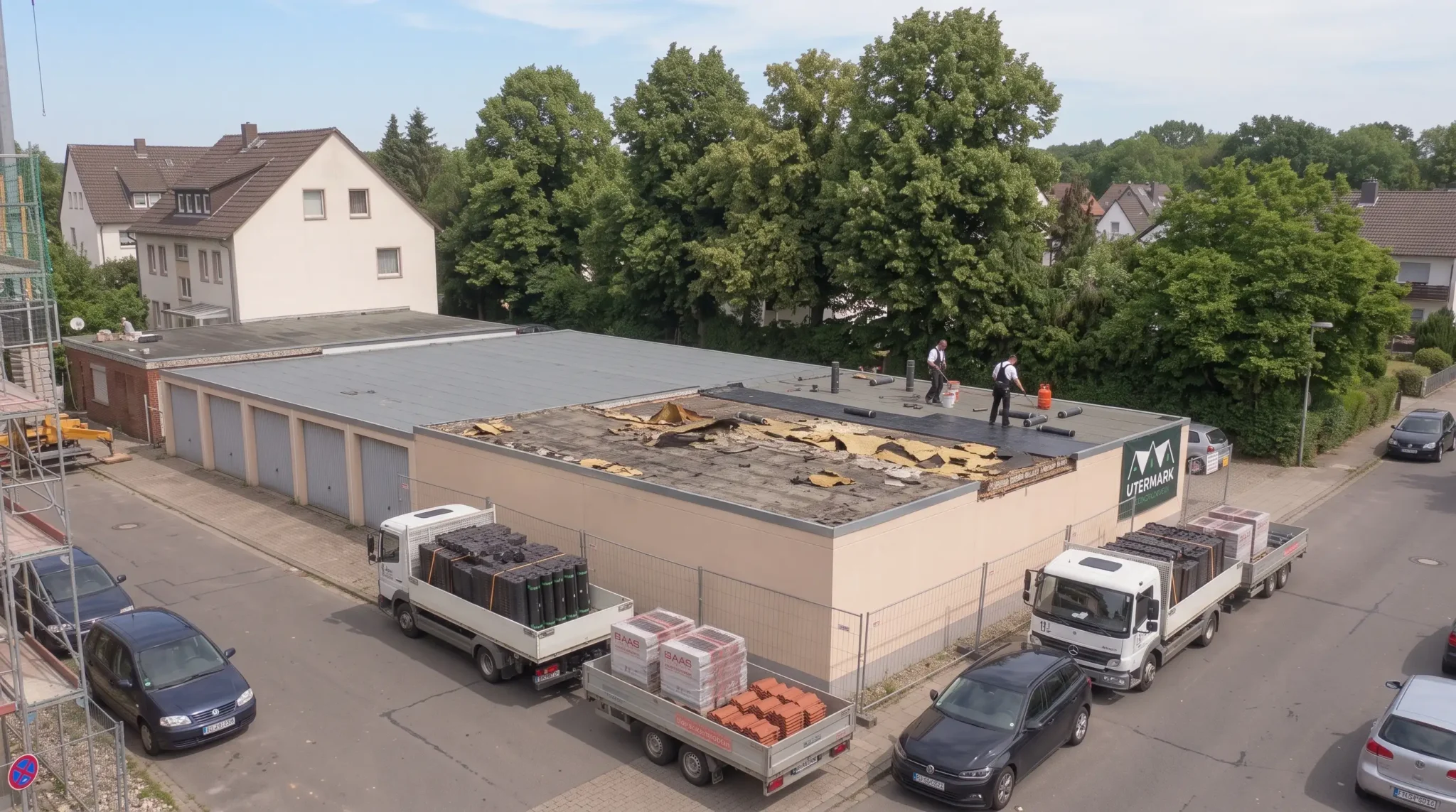 Dachdecker verlegt eine neue Abdichtungsbahn auf einem Garagendach