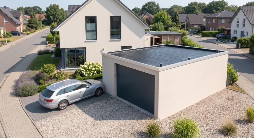 Garage mit frisch abgedichtetem Flachdach und neuem Randabschluss.