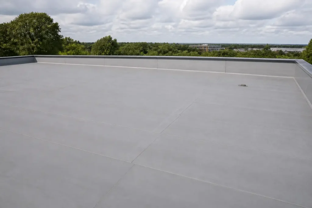 Einlagige Kunststoff- oder Elastomerbahn mit fachgerecht ausgeführter Naht auf einem Flachdach