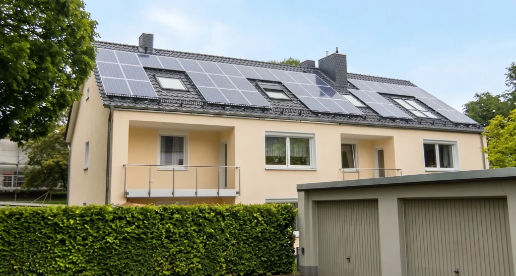 Fachgerecht montierte Photovoltaikanlage auf einem Steildach in Hannover