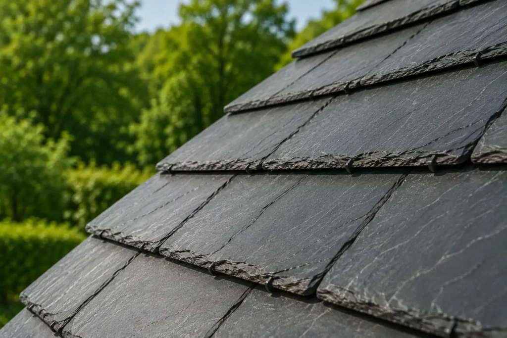 Handwerklich ausgeführte Schieferdeckung auf einem Steildach