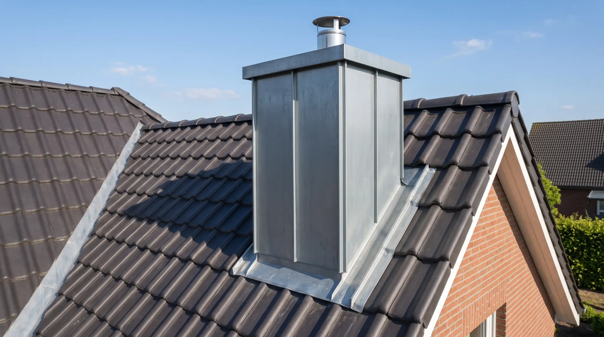 Schornstein mit neuer Metallverkleidung und sauberem Anschluss an die Dacheindeckung.