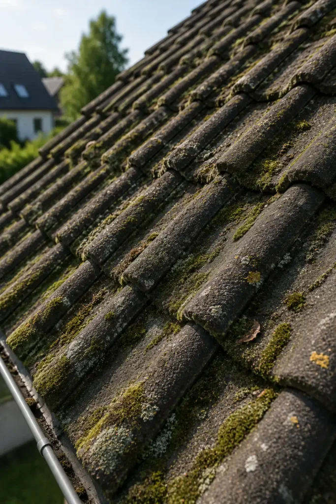 Moosbewachsene und brüchige Dachziegel mit sichtbaren Alterungsspuren