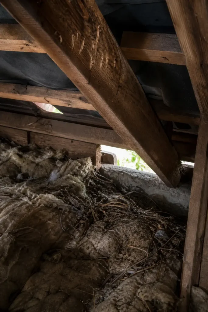 Offene Stelle an der Traufe mit Nistmaterial und fehlendem Vogelschutz.