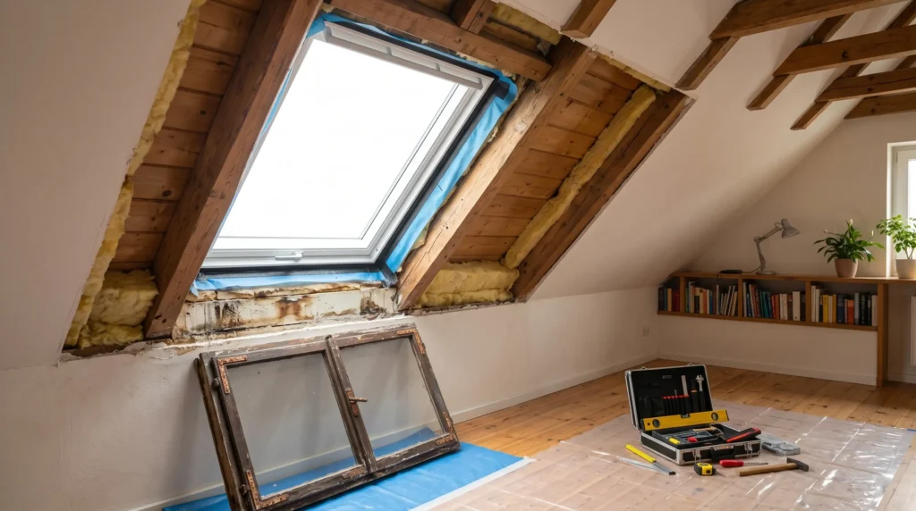 Austausch eines vorhandenen Dachfensters im Innenraum eines Dachgeschosses