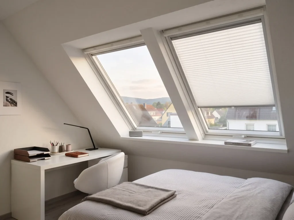 Fertig eingebaute Dachfenster in einem hellen Dachzimmer mit Blick nach draußen