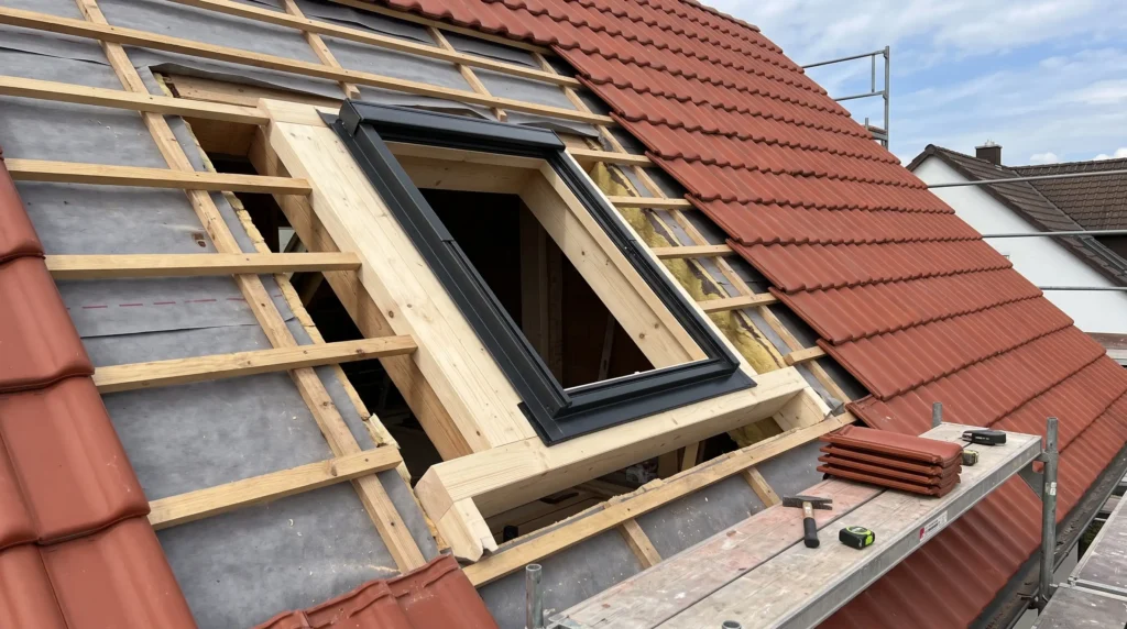 Neues Dachfenster in einer frisch hergestellten Öffnung eines Steildachs