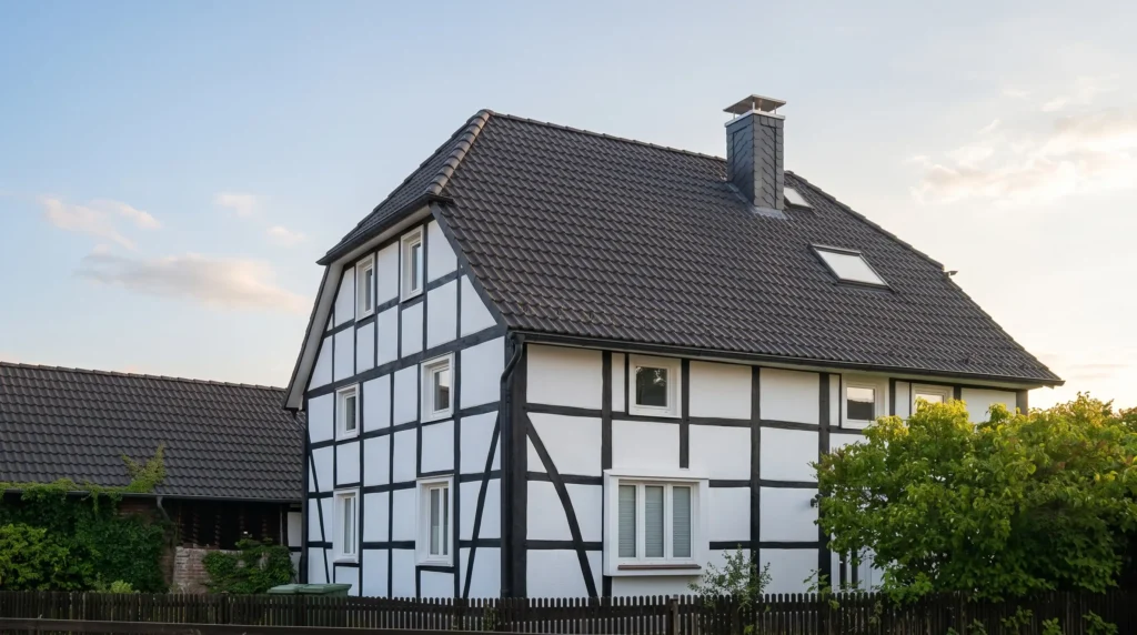 Fachgerecht ausgeführte Schornsteinverkleidung mit Kantprofilen und Anschlussblechen
